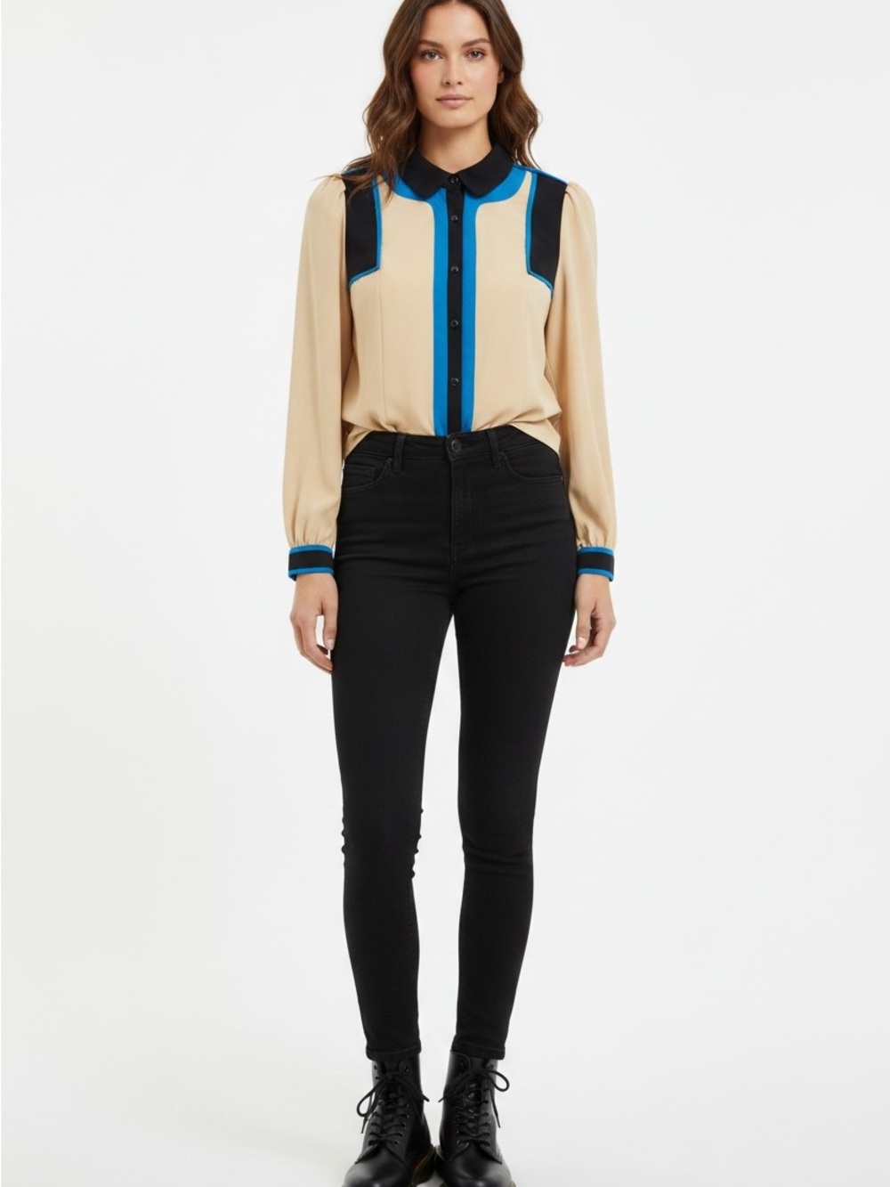 Vero Moda Vintage Colorblock Blouse - Beige, Blue & Black Size Small